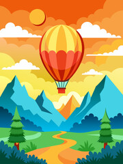 Fototapeta na wymiar This vector illustration depicts a serene landscape scene with a hot air balloon floating amidst picturesque mountains and a tranquil lake.