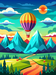 Fototapeta na wymiar A vibrant hot air balloon floats gracefully against a picturesque landscape backdrop, casting colorful shadows over the rolling hills and lush greenery below.