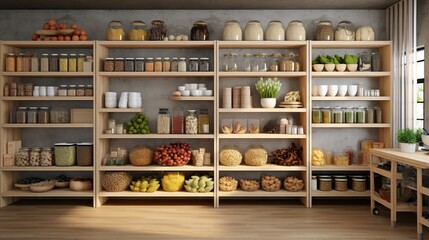 Spacious modern kitchen pantry with stylish wooden shelves displaying neatly organized food items and utensils
