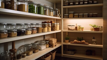 Obraz premium A neat and tidy pantry with clear glass jars labeled and organized on wooden shelves