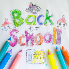 Naive children's drawing with colored chalk on white paper,text "Back to School 