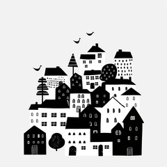 Naklejka premium A black and white drawing of a cityscape with various sized houses, trees, and birds.