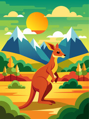 Obraz na płótnie Canvas A kangaroo hops across a vast, arid landscape, its silhouette contrasting against the golden hues of the Australian outback.