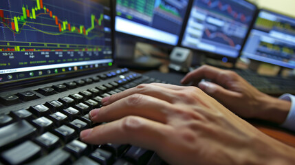 A close-up of hands typing on a keyboard with financial data displayed on a monitor. - Powered by Adobe