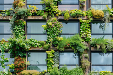 Fototapeta na wymiar A vertical garden adorning the facade of a city building, illustrating innovative use of space and integration of nature in urban architecture