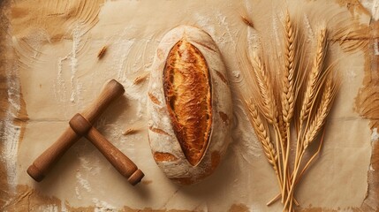 A freshly baked rustic loaf of bread with wheat stalks and a wooden rolling pin on a textured background - Powered by Adobe