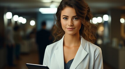 A woman in a white coat and a black shirt is holding a tablet