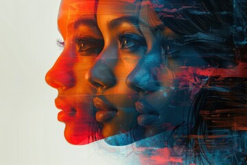 Abstract female faces in profile, multi exposure, digital art style