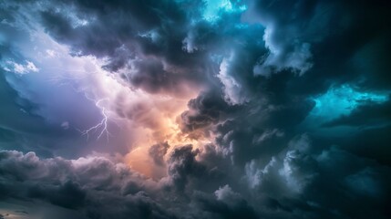 This captivating scene shows lightning piercing through swirling storm clouds in the sky - obrazy, fototapety, plakaty