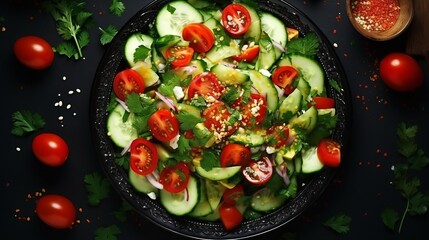 Overhead view of a vibrant salad containing sliced avocados, tomatoes, and cucumbers garnished with herbs