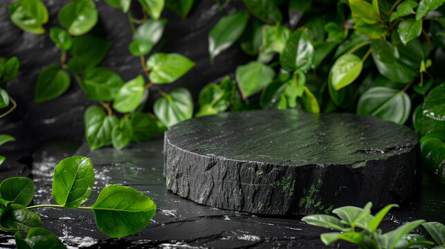 Close up of copy space Black stone and green leaves. Black Stone podium between green plant leaves with space for placing products, Ai generated image (1)