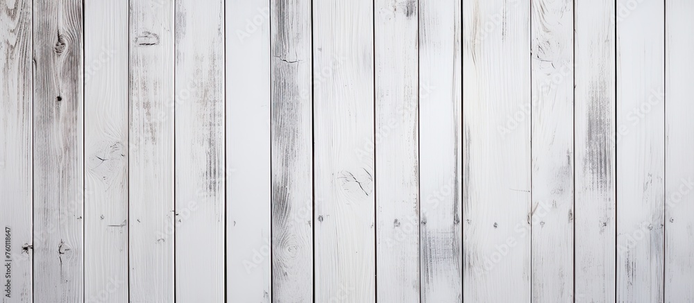 Poster a close up of a grey rectangle wooden fence with peeling paint, featuring a parallel pattern and com