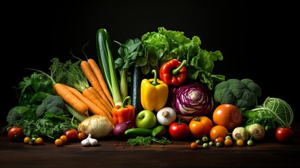 Vibrant array of fresh vegetables artistically arranged on a dark backdrop, highlighting their colors and shapes