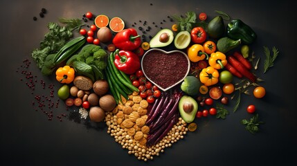 An artistically arranged assortment of vegan foods forming heart shapes on a dark, contrasting...