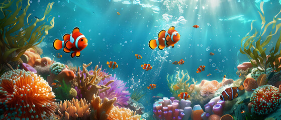 Fototapeta na wymiar a lively underwater scene with clownfish swimming among vibrant coral and sea plants
