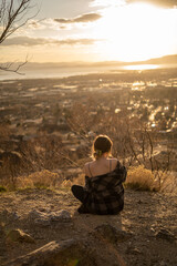 Woman Sitting Sunset Cityscape Active Hiking Travel Peaceful Pondering