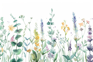 modern style trendy watercolor herbal illustration with wild plants and flowers isolated on white, wet drops subtle colors