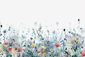 modern style trendy watercolor herbal illustration with wild plants and flowers isolated on white, wet drops subtle colors