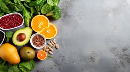 A bountiful spread of nutritious foods including fruits, vegetables, nuts, and seeds on a contemporary grey concrete background