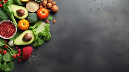 Obraz na płótnie Canvas Abundance of fresh vegetables and fruits spread on a dark background showcasing healthy eating