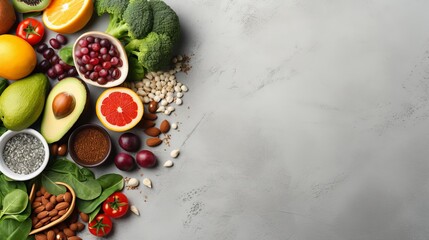 Obraz na płótnie Canvas A colorful arrangement of nutritious whole foods on a grey background, perfect for meal prep ideas