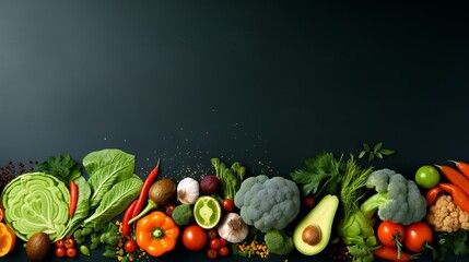 An artistic contrast of green vegetables and fruits against a black background, representing healthy eating and plant-based diets