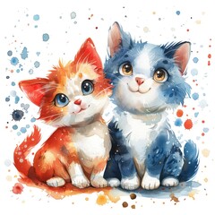 Two kittens sitting next to each other. One is orange and white, while the other is blue and white. They have big, round eyes and are looking at the viewer. The kittens are surrounded by colorful spot
