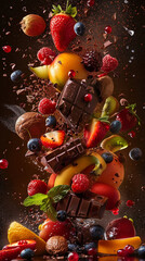an explosion of fruits and chocolate, painted light