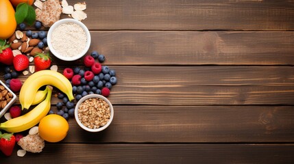 Vibrant bananas, berries, and whole grains on a rich dark wooden surface, ideal for a health-focused theme