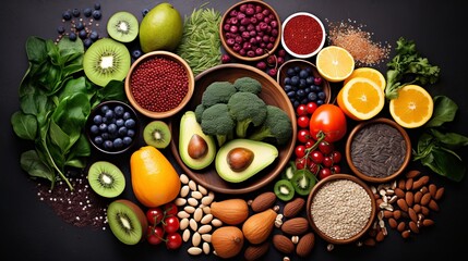 Fresh fruits and a variety of nuts and seeds artfully displayed on a dark background emphasizing a nutritious diet - obrazy, fototapety, plakaty