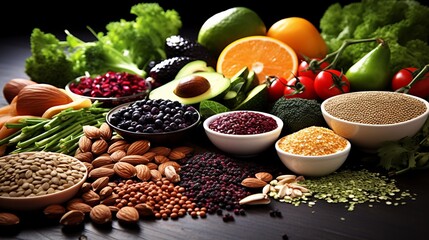 Nutrient-dense foods like fruits, grains, and nuts presented on a dark wooden surface cater to...