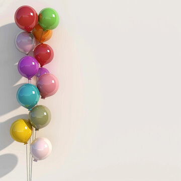 a serie of small party ballons, 3D shaped, arranged in the left side of the image