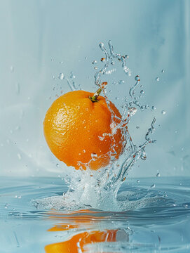 pastel blue splash orange fruit, commercial, minimalist, water, still-life photography, extremely detailed