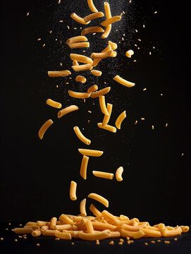 Falling macaroni on a black background to the right of the vertical image