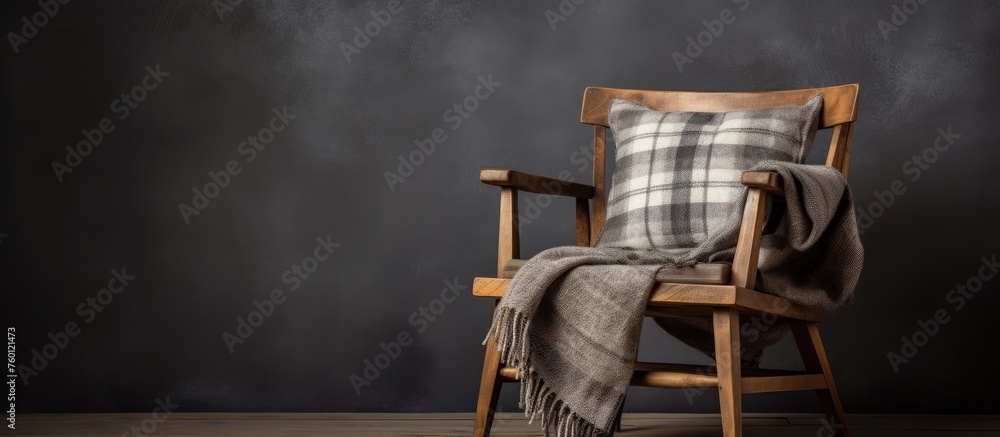 Wall mural A wooden chair with a plaid pillow and blanket sits on the hardwood flooring, adding a cozy touch to the rooms decor