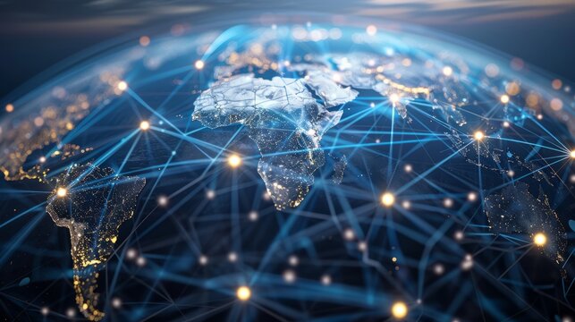 Digital world globe centered on Africa, concept of global network and connectivity on Earth, data transfer and cyber technology, information exchange and international telecommunication