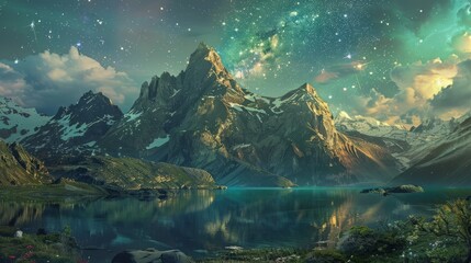 Dramatic scenery of starry skies, towering mountains and lakes