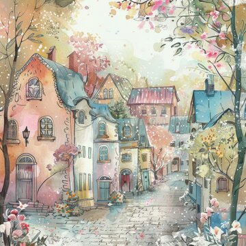 A painting of a colorful village street with blooming trees and a brick path.