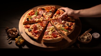 A mouth-watering photograph depicting a sliced pepperoni pizza adorned with a variety of toppings on a wooden surface