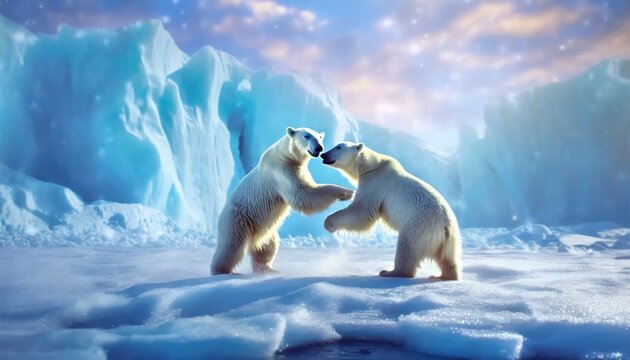 Two strong polar bears are fighting on the snowy surface of a glacier. Generated with AI