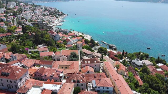 Aerial of Herceg Novi center and sea, a coastal city at Boka Kotor Bay. Travel destinations of Montenegro
