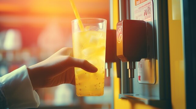 A customer refills their iced tea from a self-serve soft drink dispenser in a restaurant