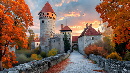 Medieval castle in mountains, sunrise light - Powered by Adobe