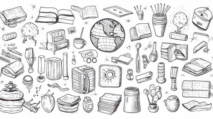 A greyscale illustration filled with various educational icons such as books, globe, and stationery