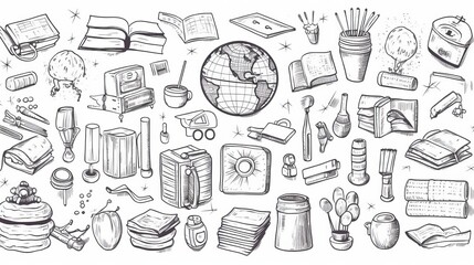 Fototapeta premium A greyscale illustration filled with various educational icons such as books, globe, and stationery