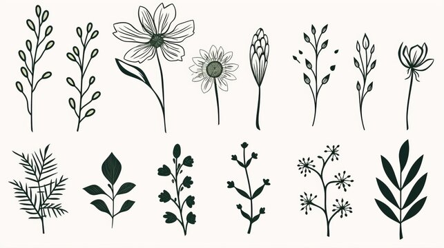 Collection of botanical illustrations with detailed flowers and leaves, hand-drawn in monochrome style for versatile design use