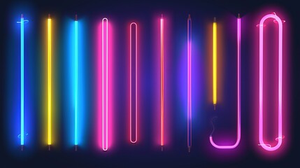 A 190 character detailed image showcasing a collection of bright neon light tubes in various colors emitting a glow on a dark background