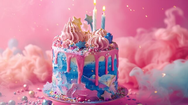 front view, horizontal image, birthday cake with candles,  on an isolated pink background, with copy space for text. For banner, design, cafe, shop, menu, interior, card, invitation, flyer. 
