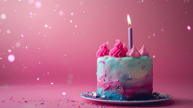 front view, horizontal image, birthday cake with candles,  on an isolated pink background, with copy space for text. For banner, design, cafe, shop, menu, interior, card, invitation, flyer. 