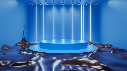 Fototapeta na wymiar Blue background, blue circular stage with light tubes on the top of it and brown liquid flowing down to form an irregular shape in front of the podium